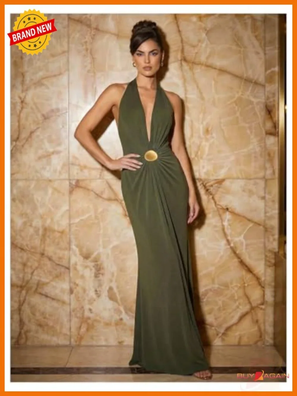 Women's Halter Maxi Dress Deep V Neck Ruched Bodycon Formal Wedding Guest